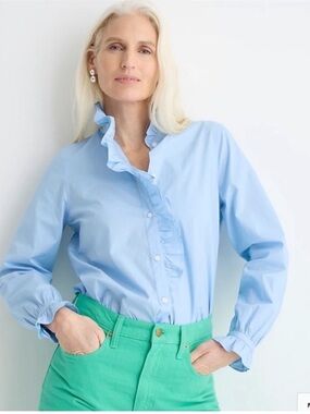 J. Crew Cottage Top in Cotton Poplin in Frozen Lake Blue sz 20 Plus Long Sleeve